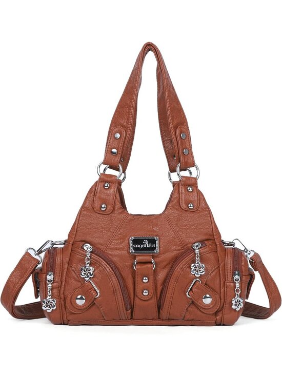 Handbags - Women's 02-Brown PU leather Zipper Multi-Pocket Small Hobo Shoulder Bag